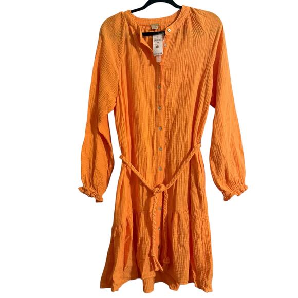 NWT Magaschoni thigh length full sleeve button up orange cream dress Size M - Picture 2 of 12
